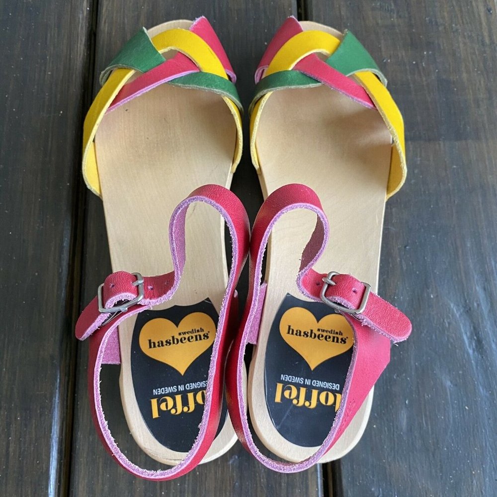 Swedish Hasbeens Toffel Multi Leather Wooden Heel Clog Sandals Size EU 39 US 8.5 - Picture 12 of 12